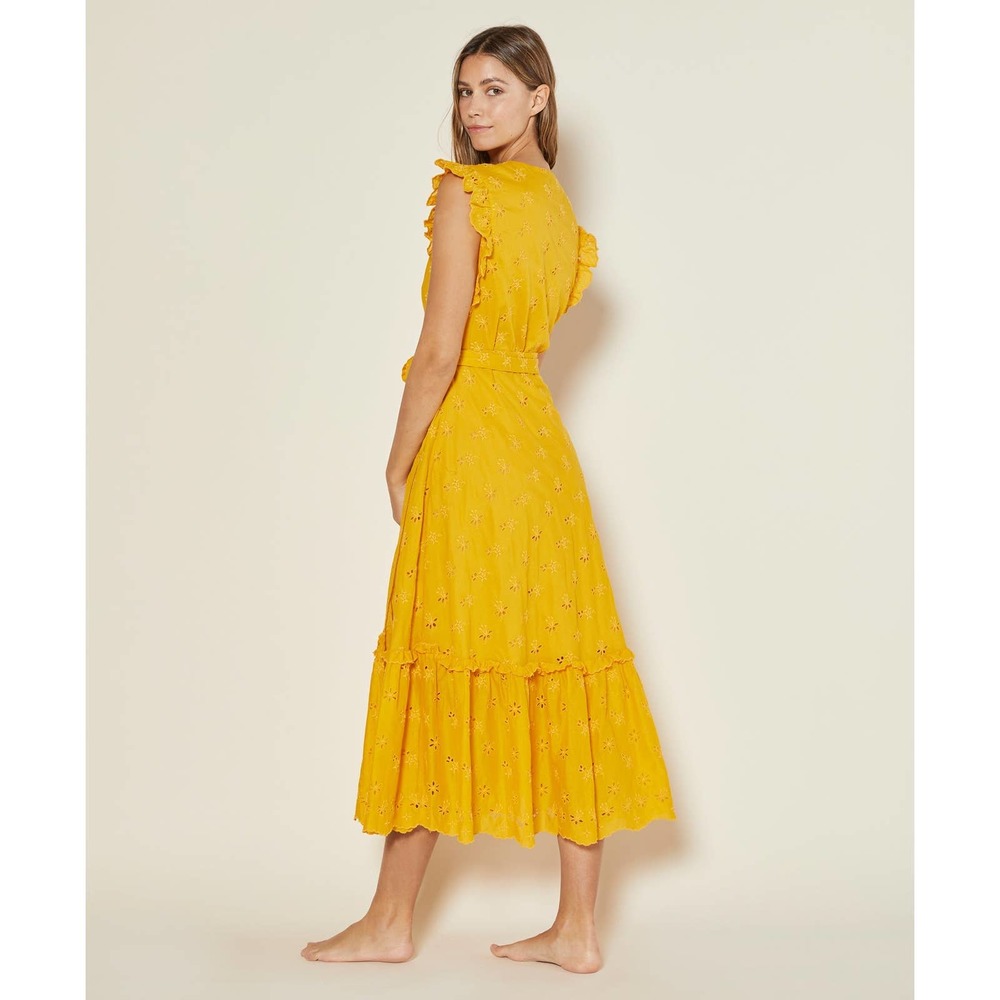 Outerknown Eyelet Kahlo Wrap Dress Eyelet Yellow Golden Rod - Picture 2 of 7